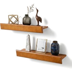 24 Inch Picture Ledge Shelf with Lip,Floating Shelves for Wall, Set of 2 Solid Pine Wood Shelves with Invisible Brackets, Wall Storage for Living Room, Bedroom, Kitchen, Bathroom(Dark Brown)