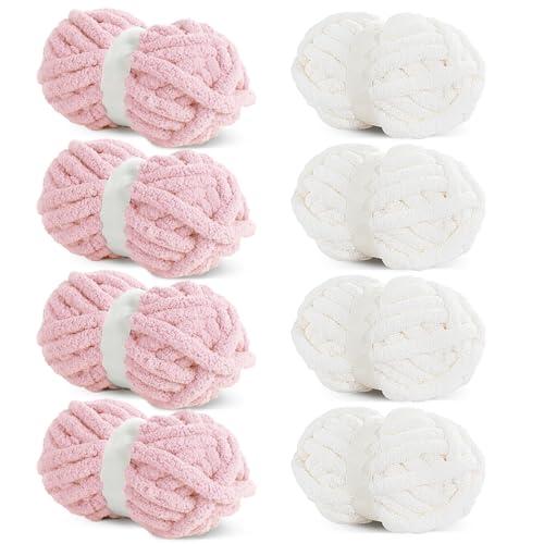 HOMBYS Chunky Chenille Yarn for Crocheting, Super Bulky Jumbo Yarn for Hand Knitting, 3/4" Thick Soft Plush Yarn for Blankets, 8 Skein Pack (27 yds / 8 oz Each), Multi Assorted Cream Pink