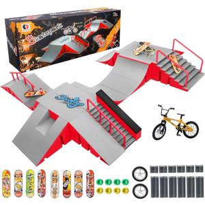 Finger Skateboard Park Kits,14-in-1 Bigger Finger Skateboard Ramp Set with 14 Ramps, 8 Fingerboards, 1 Finger Bike, Skate Park Kit, Fingerboard Skatepark Half Pipe Toys Gifts for Ages 3+