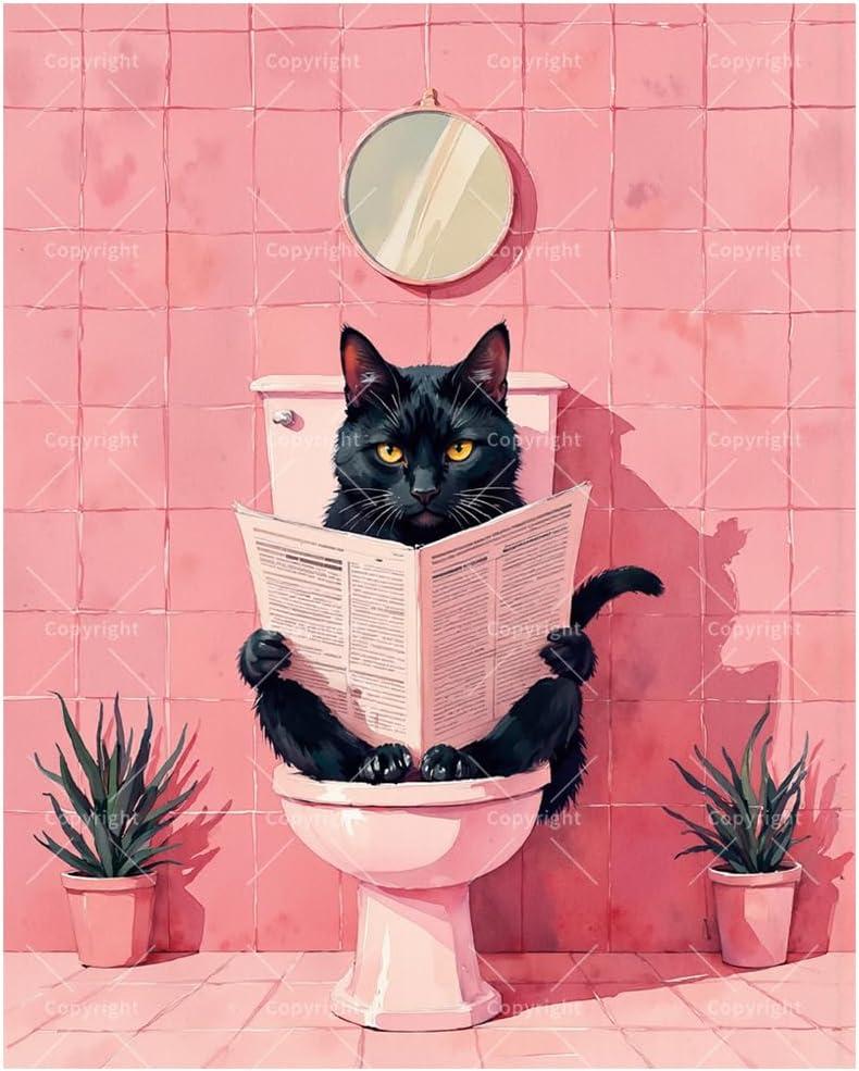 Funny Animal Paint by Numbers Kit for Adults - DIY Black Cat Reading on Toilet Painting on Canvas, Acrylic Paint Set, Suitable for Beginners, Art for Home Decoration or Gifts(16X20IN Framed)
