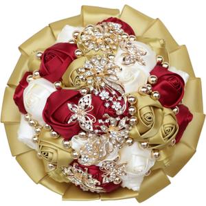 WIFELAI-A Golden Rhinestone Brooch Wedding Flowers Bridal Bouquets Crystal Bride Holding Bouquet White Ivory Satin Roses with Diamond