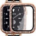 Mosonio Compatible for Apple Watch Band 44mm with Screen Protectors Case Women, Jewelry Bracelet Metal Bands with 2P Bling Cover for 44mm iWatch Series SE 6 5 4(Rose Gold Link with Black Leather)