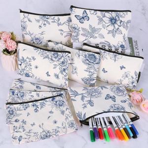 HSDSH 11 Pcs Blue and White Floral Makeup Bag Floral Cosmetic Bags Bulk for Women Chinoiserie Wildflower Canvas Travel Toiletry Pouch for Bridesmaids Wedding Bridal Shower Birthday Party Supplies