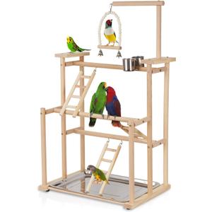 Pet Parrot Playstand Parrots Bird Playground Bird Play Stand Wood Perch Gym Playpen Ladder with Feeder Cups Bells for Cockatiel Parakeet (3 Layers)