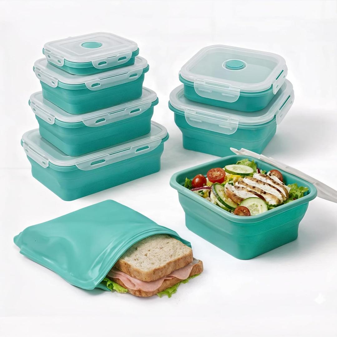 Collapsible Silicone Food Storage Containers with Lids  Stackable, Space-Saving Silicone Snack Containers  Great Travel Food Containers for Home, Office & RV