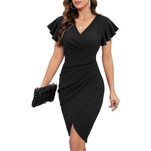 Machico 2026 Women's Sexy V Neck Ruffle Sleeve Faux Wrap Ruched Bodycon Sheath Cocktail Party Work Dress
, Black XL