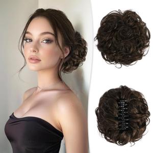 RUWISS Large Messy Bun Hair Piece with Claw Clip Human Hair Bun Wavy Curly Chignon Hair Bun Extensions Tousled Updo Hair Pieces for Women Claw Clip Ponytail, Lighter Dark Brown (45g)