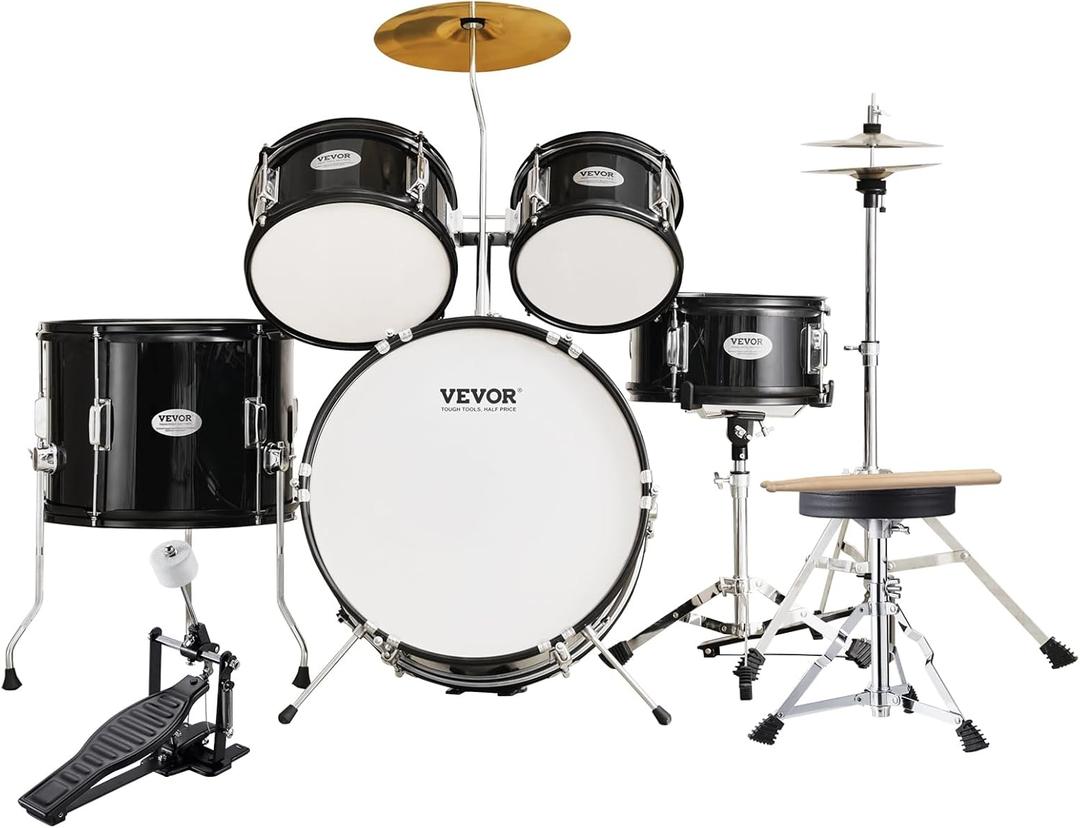 VEVOR Drum Set for Kids, Beginner Junior Drum Kit with Adjustable Throne, Sticks, Cymbal, Pedal, Tom Snare Bass, Starter Drumset for Children (Black, 5-Piece, 16 in)