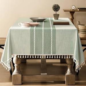 ZeeMart Contrast Linen Table Cloth Rectangle Table Cloths 52x70 Inch Green, Farmhouse Style Heavy Weight Sage Green Tablecloth, Water Resistant Burlap Tablecloths