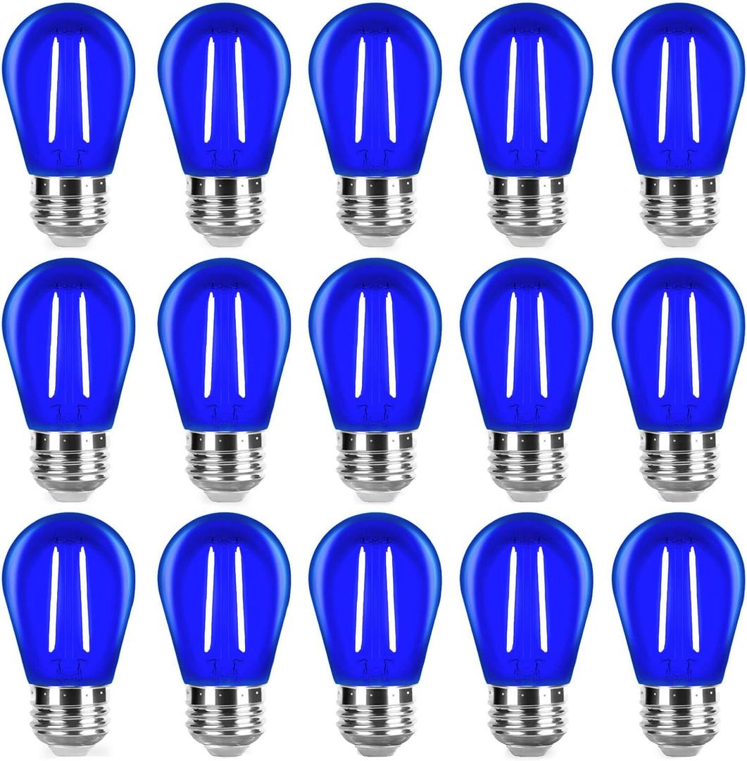 S14 Blue Light Bulb Plastic 2 Watt LED Replacement Bulbs for Indoor Outdoor String Lights, Shatterproof Decorative E26 Base Filament Edison Christmas Halloween Colored Light Bulbs, Pack of 15  S14 Blue Light Bulb Plastic 2 Watt LED Replacement Bulbs for Indoor Outdoor String Lights, Shatterproof Decorative E26 Base Filament Edison Christmas Halloween Colored Light Bulbs, Pack of 15