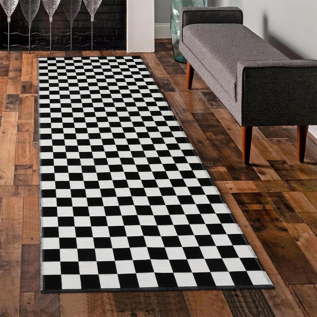 Seavish Checkered Rug 2x6 Ft Black and White Hallway Runner Rug Washable Indoor Outdoor Entryway Runner Rug Checkerboard Rug Reversible Area Rugs for Bedroom Bathroom Laundry Room Kitchen