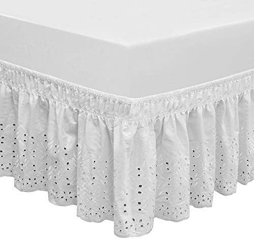 QSY Home Wrap Around Elastic Eyelet Bed Skirts 14 1/2 Inches Drop Dust Ruffle Three Fabric Sides Easy On/Easy Off Adjustable Polyester Cotton(White Queen/King)