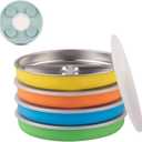 Elk and Friends Stainless Steel Divided Plates with Silicone Sleeve for Babies & Toddlers | Lids Included | Stay Put Suction | Dinner & Snack Plates | 4 Pack