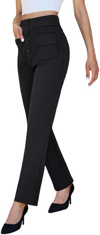 keriffe High Waist Stretchy Womens Dress Pants with Pockets Straight Leg Business Casual Work Trousers Office Slacks (Black, L)