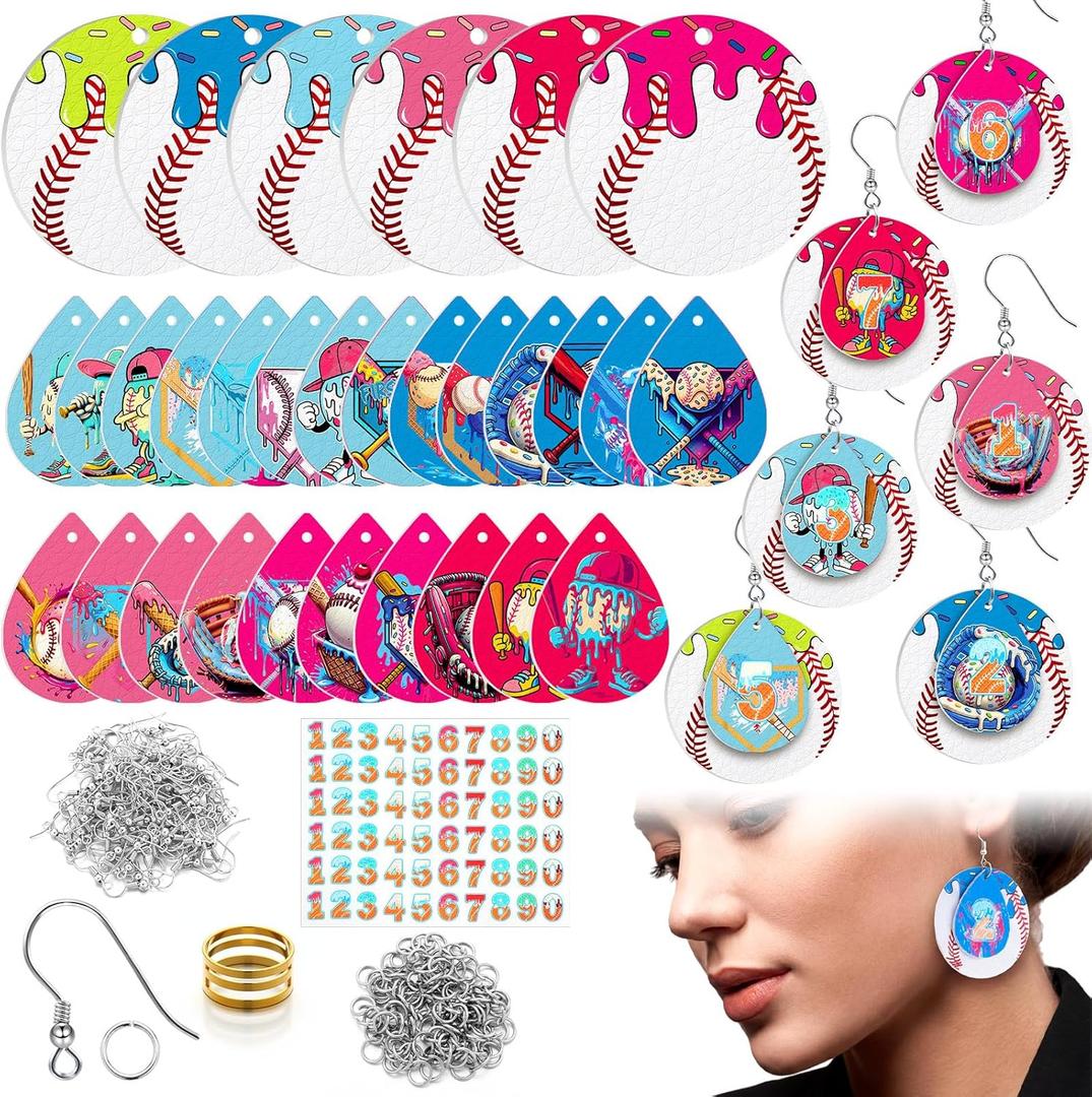 Liliaafar 244 Pcs Ice Cream Drip Baseball Earring Party Favor Gifts Bulk DIY Faux Leather Earrings Making Kit Ice Cream Drip Baseball Party Decorations for Beginner Women Baseballs Mom Craft Supplies