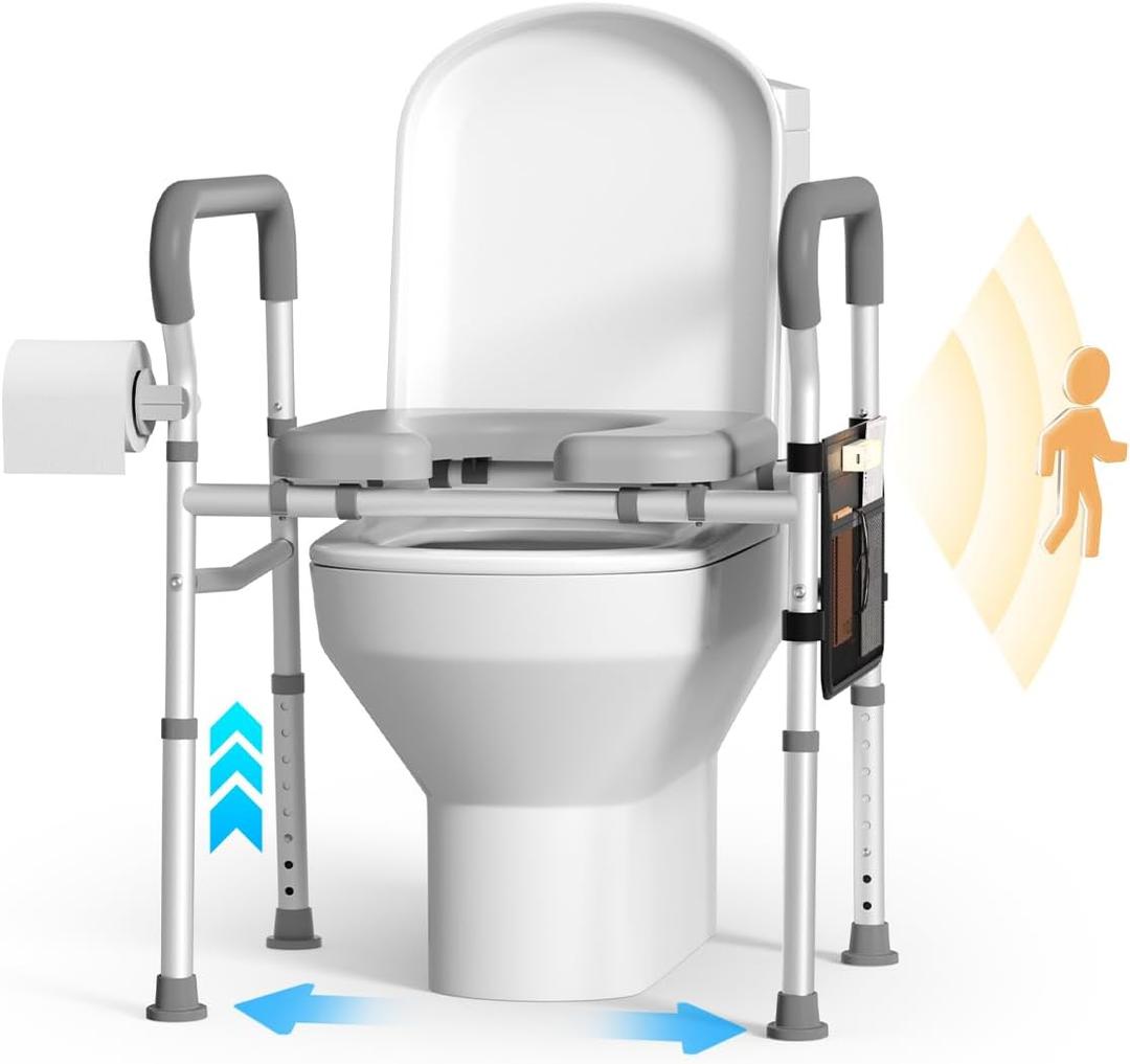 Commode Chair Raised Toilet Seat: Adjustable Height Padded toilet seat risers for seniors Safety with handles, Elderly Handicap Bariatric Post-Surgery Alone Senior - Robust Frame Stand Support 400lb