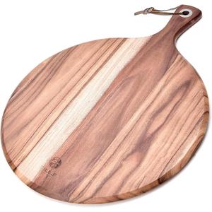 BILL.F Wood Pizza Peel 16 Inch,16" Acacia Wood Round Cutting Board with Handle Pizza Board for Kitchen Charcuterie Decorative Board