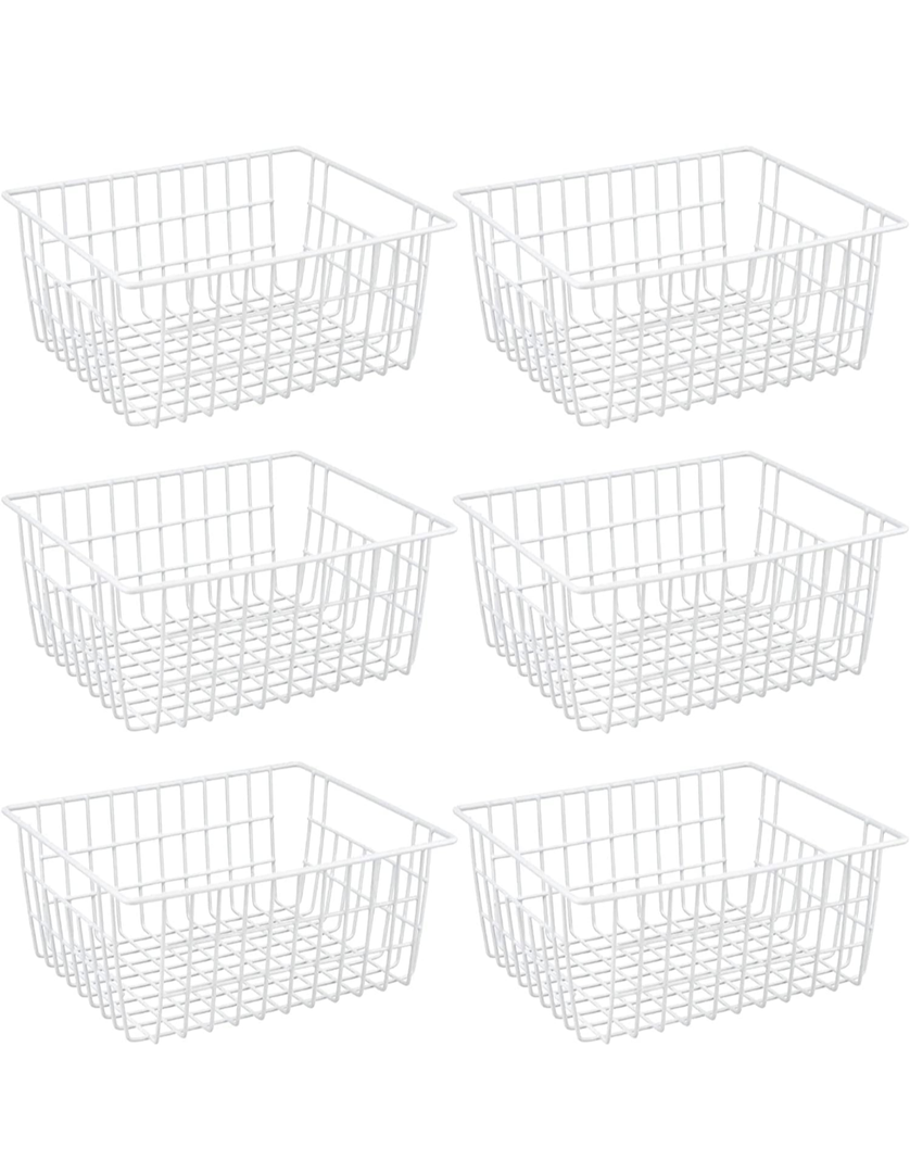 LOSYHU 6 Pack Freezer White Wire Baskets for Organizing Office Wire Storage Basket with Built-in Handles, 14" Large White Metal Baskets for Pantry Freezer Kitchen Cabinets