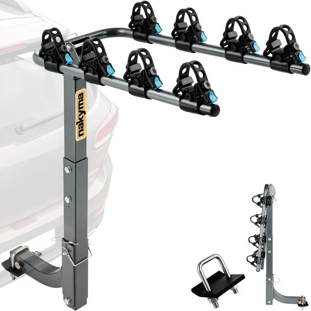 4 Bike Rack Hitch Mount, 240 lbs Capacity (60 lbs Per Bike), Dual SGS-Certified Straps, 4-Bike Hanging Carrier for Car, SUV, Truck, RV, 2" Receiver, Anti-Wobble, Foldable