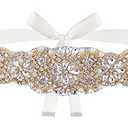Lovful Womens Rhinestone Bridal Belt, Wedding Belt for Bride Dress,Rhinestone Belts with Ribbon,Gold-ivory