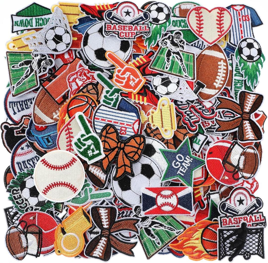 72 Pcs Sports Iron on Patches Embroidered Football Baseball Soccer Basketball Patches Iron on Hat Patches Mixed Sport Appliques Sew on for Hat Backpack Pants Jeans Clothes DIY Crafts