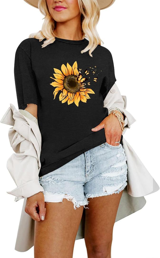 Women T Shirts Boho Graphic Tees Floral Loose Fits Casual Tops Summer Short Sleeves Shirts (Small, Black Sunflower)