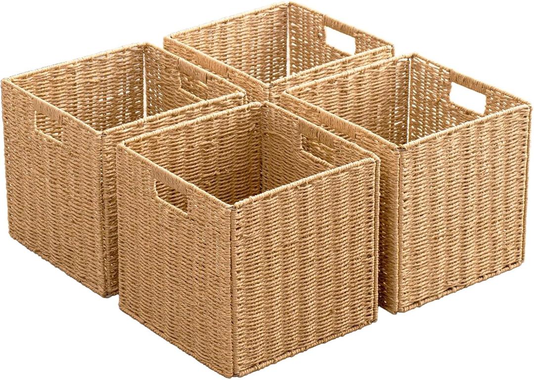 Foldable Storage Baskets with Handles Paper Rope Storage Baskets Rectangle Collapsible Hand Woven Storage Cubes Bins for Organizing Shelves Living Room Bedroom Pantry (4, 13'' x 13'' x 13'') (Natural)