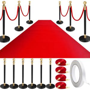 Pelopy 12 Pcs Stanchion Posts Queue Crowd Control Stanchion Velvet Ropes Carpet Set, 38 in Post Sand Injection Hollow Base with Rope for Party Museum (26 ft Carpet,Black,Gold)