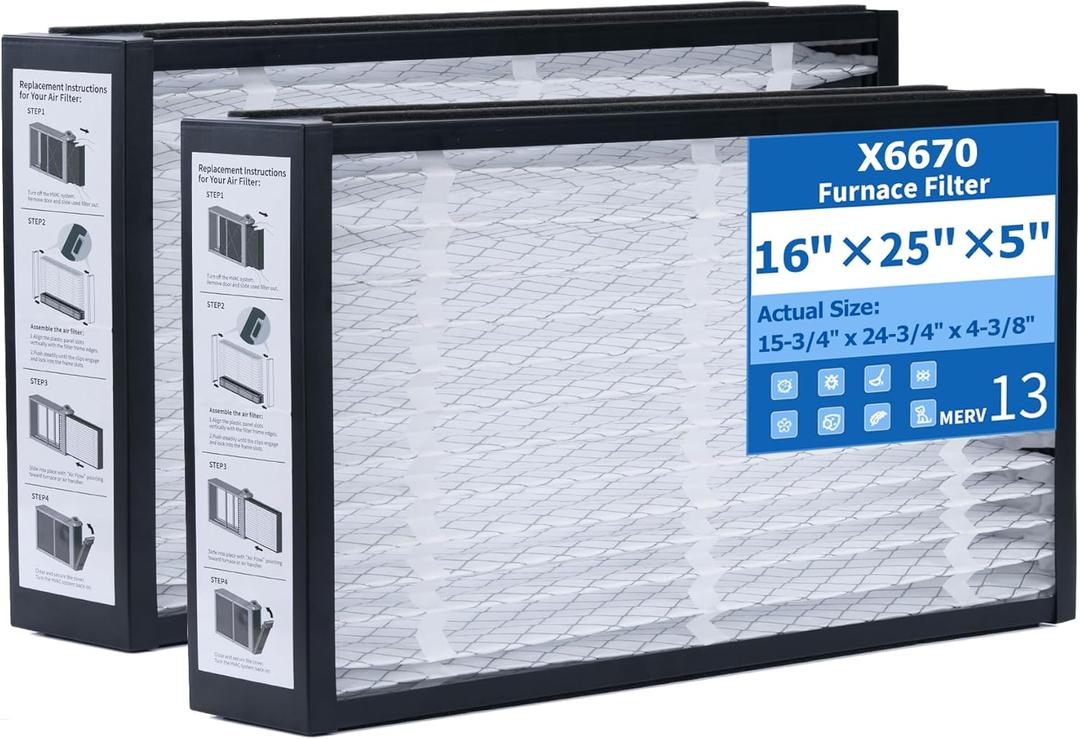 2-Pack MERV 13 Air Filters, Replacement for Lennox X6670 Pleated Furnace Filter, 16x25x5 (Actual 15-3/4" x 24-3/4" x 4-3/8"), Easy Install & Space-Saving
