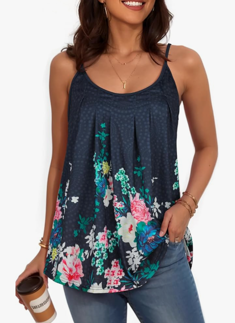 My Sky Tank Tops for Women Summer Sleeveless Adjustable Pleated Spaghetti Straps Camisole Loose Fit Casual Flowy Basic Tops, XXXL