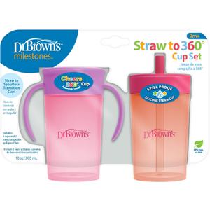 Dr. Brown's Milestones Straw to 360 Convertible Toddler Training Cup Set with Interchangeable Silicone Straw and 360 Degree Cup Lids, Pink Coral, 10 oz/300 mL, BPA-Free, 9m+, 2-Pack