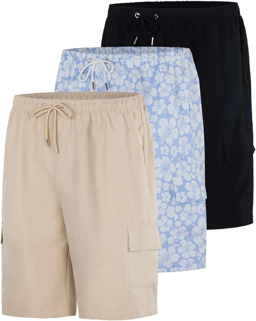 Real Essentials 3 Pack: Men's Swim Trunks with Cargo Pockets & Mesh Lining (Medium)