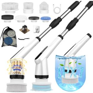 Electric Spin Scrubber, Dreazu IPX7 Shower Scrubber with 7 Replaceable Brush Heads & Retractable Handle, 2-Speed Adjustable Shower Cleaner for Bathroom,Toilet, Bathtub, Kitchen, Tile Floors (White&Black)