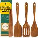 AIUHI Wooden Spatula for Cooking, 3Pcs Natural Teak Wood Turner Set for Nonstick Cookware, Wooden Cooking Utensil Set for Frying, Flipping, Scraping, and Turning