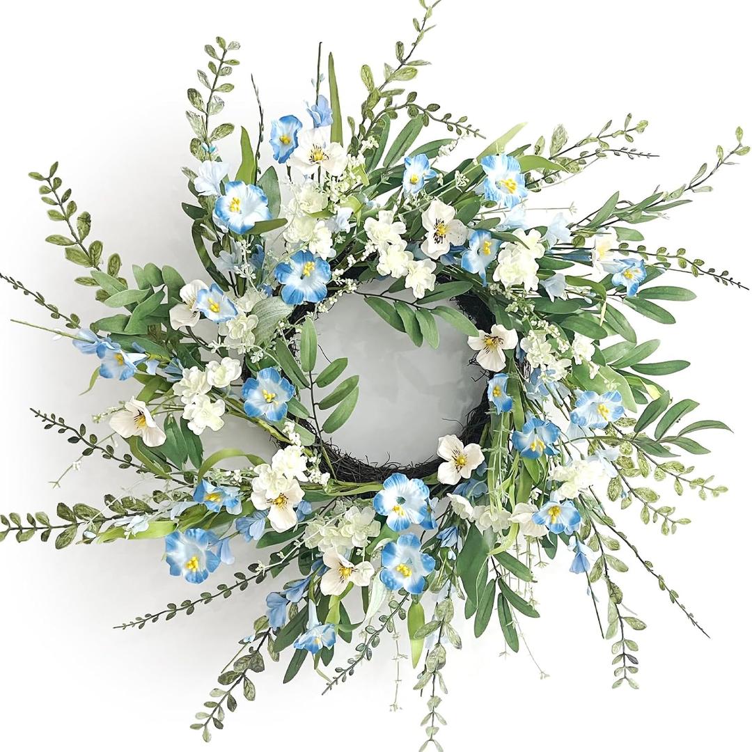 Spring Wreaths for Front Door, 24 Inch Spring Door Wreath with Blue White Wildflower, Spring Wreath for Farmhouse Outdoor Porch Home Wall