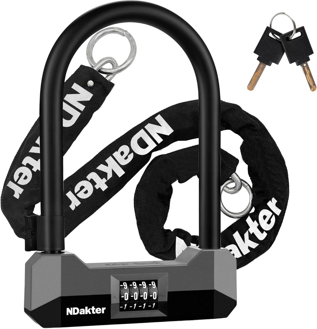 NDakter Bike Locks Heavy Duty Anti Theft, 18mm Motorcycle Combination U Lock with 4FT Chain, 4-Digit Combo Resettable Bicycle Lock with 2Keys for Ebike, Electric Scooter, Moped, Adults Tricycle (Gray)
