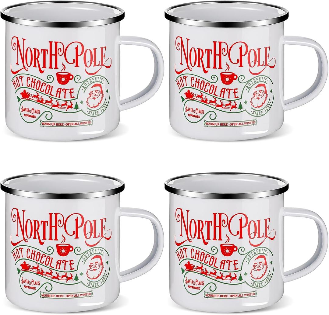 Christmas Enamel Mug Set of 4, 12 oz North Pole Hot Chocolate Mug Christmas Coffee Mugs Funny Novelty Holiday Mugs Stocking Stuffer Gift for Kids Women Friends Coworkers Family