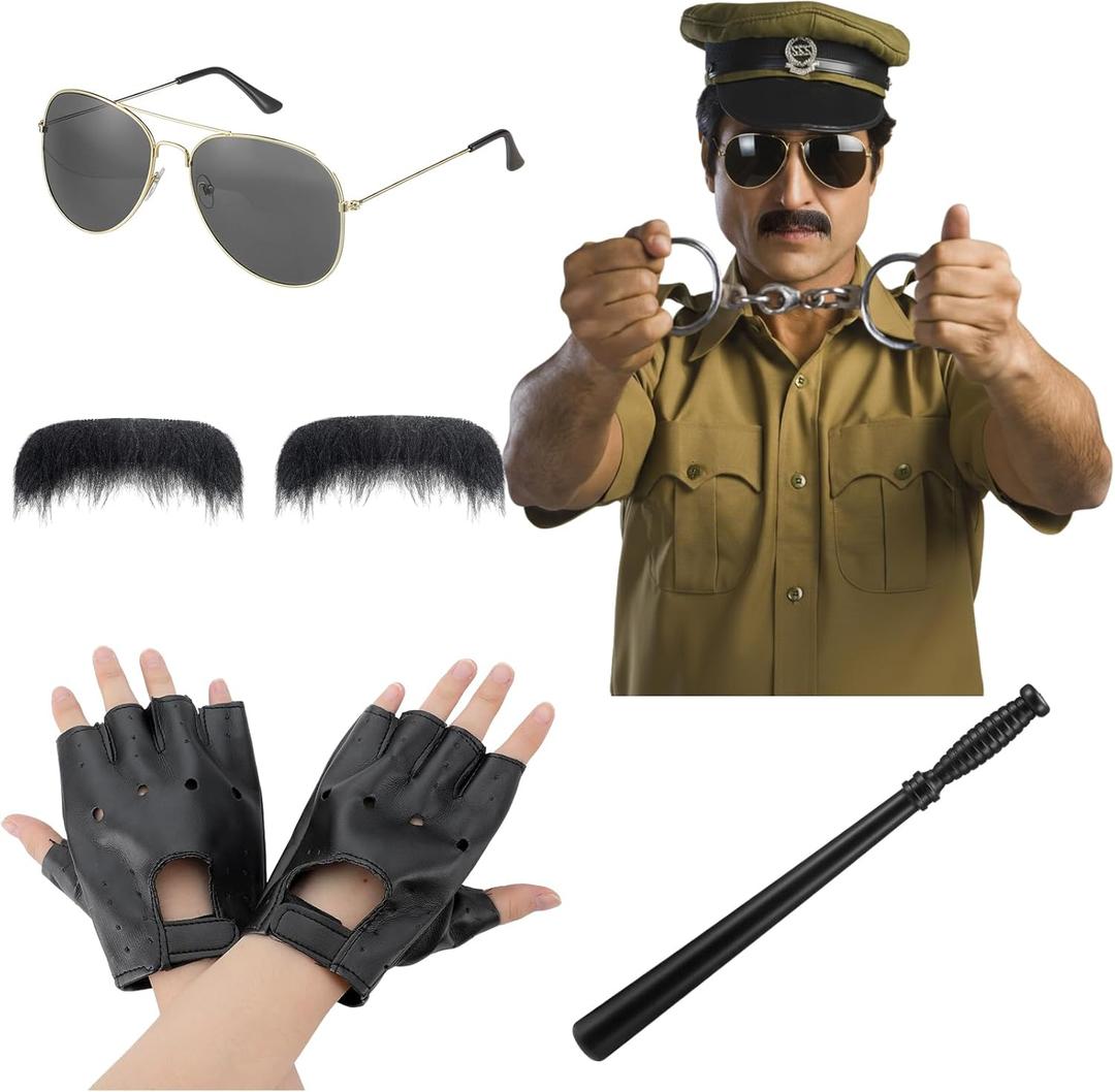 2 x Mepase 5 Pcs Halloween Cop Costume Men Lieutenant Police Costume Accessories Set Border Patrol Outfits Include Sunglasses, Baton, Fingerless Gloves and Mustache Funny Halloween Cosplay Adult
