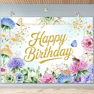 Happy Birthday Backdrop Banner Pink Flower Bush Garden Birthday Backdrop for Photography Gold Glitter Birthday Party Decoration Supplies Happy Birthday Backdrop for Women Photo Booth Props 7x5Ft (S1)