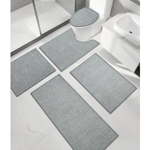 Chakme Bathroom Rug Sets 5 Piece, Ultra Thin Bath Mat Quick Dry Bath Mat Set, Absorbent Bath Mat for Bathroom Non Slip Machine Washable, (Light Grey, 5 Piece)
