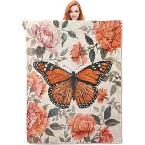 Butterfly and Flowers Throw Blanket Gifts, Soft Cozy Fleece Blanket with Monarch Butterfly and Floral Print,Blanket for Couch Bed Sofa, Perfect for Nature Lovers and Home Decor, 50x60 in (Color348)