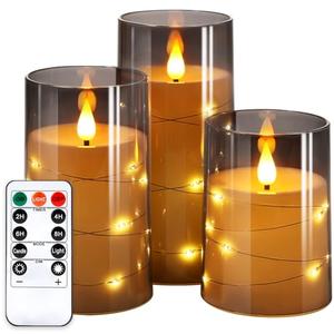 NURADA Flickering Flameless Candles: Built-in Star String Lights Unbreakable 3D Wick Acrylic Battery Operated LED Pillar Candles with Remote and Timer for Romantic Mood Home Decoration - 3 Pack Gray, 4"-5"-6"