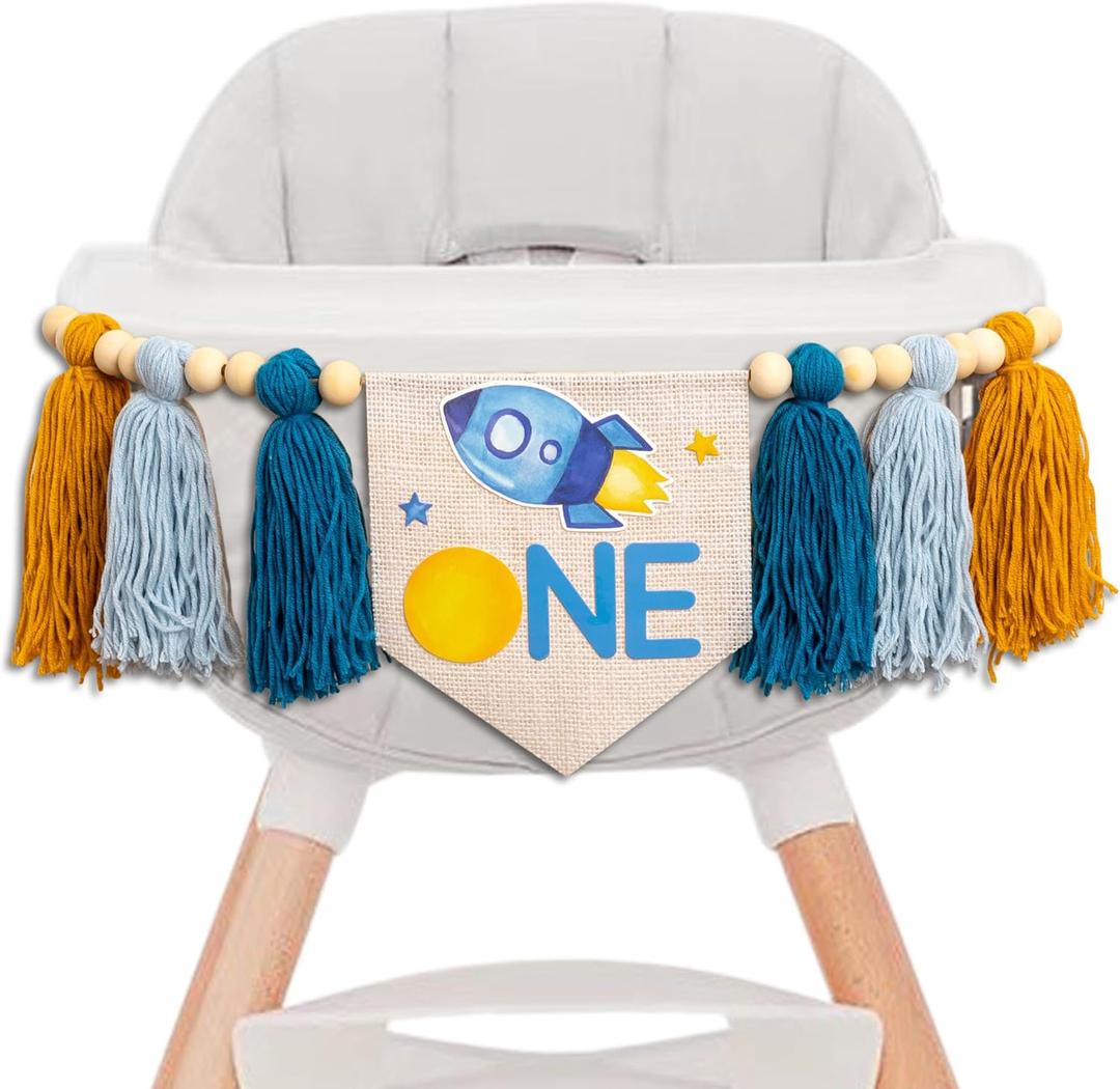 Gostman Outer Space ONE High Chair Banner - First Trip Around The Sun Birthday Party Decorations,Space Themed First Birthday Highchair Banner,Space Ship Sign Decor (outer space banner)