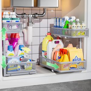 Under Sink Organizer, Height Adjustable 2 Tier Under Sink Organizers and Storage, Slide Out Metal Cabinet Organizers, Pull Out Sink Storage Drawer Shelf for Kitchen Bathroom Cabinet, Grey, 2 Pack (Gray)