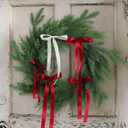 Suncalla 20'' Christmas Cedar Wreath with Bow Artificial Norfolk Pine Greenery Wreath Coquette Ribbon Red White Bow Decoration for Xmas Winter Front Door Window Wall Mantel Indoor Outdoor Home
