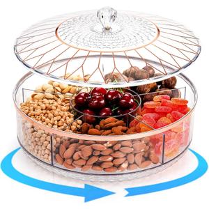 AVLA Rotating Snack Tray with Lid, 11.5" Plastic Divided Serving Dishes, Round Appetizer Platter, 6 Compartments Food Storage Organizer for Dried Fruits, Nuts, Candies, Veggie, Cookies(Clear)