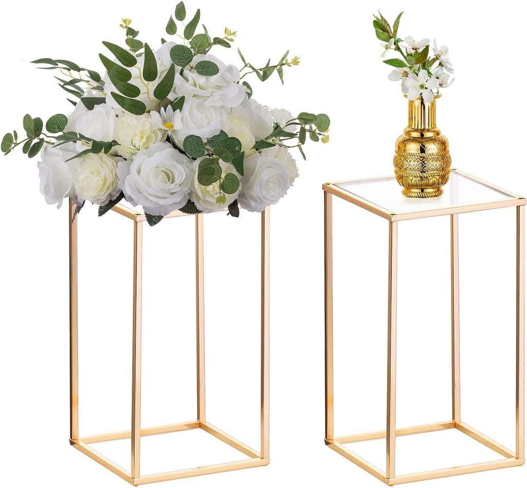 Nuptio 2 Pcs Metal Flower Floor Vase Column Flower Stand Geometric Centerpieces Vase for Tables, 15 inch Tall Gold Flower Holder for Home Party Wedding Decorations, Rectangular Flower Display Rack
