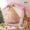 Besrey Kids Tent, Kids Play Tent 2 in 1 with Padded Mat and Lights, Large Playhouse with 2 Doors & 4 Windows, Indoor & Outdoor, Christmas Toddler Playhouse, 51" x35" x 51" (Pink)