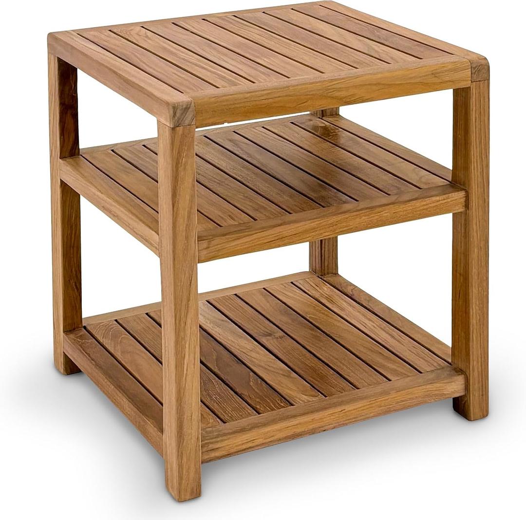 StrongTek Teak Shower Stool with Double Storage, Water-Resistant Spa Bench, Multi-Functional for Bathroom, Sauna, Spa, Compact, Elegant Teak Wood, No Assembly Required, Bath Bench, Indoor/Outdoor Use