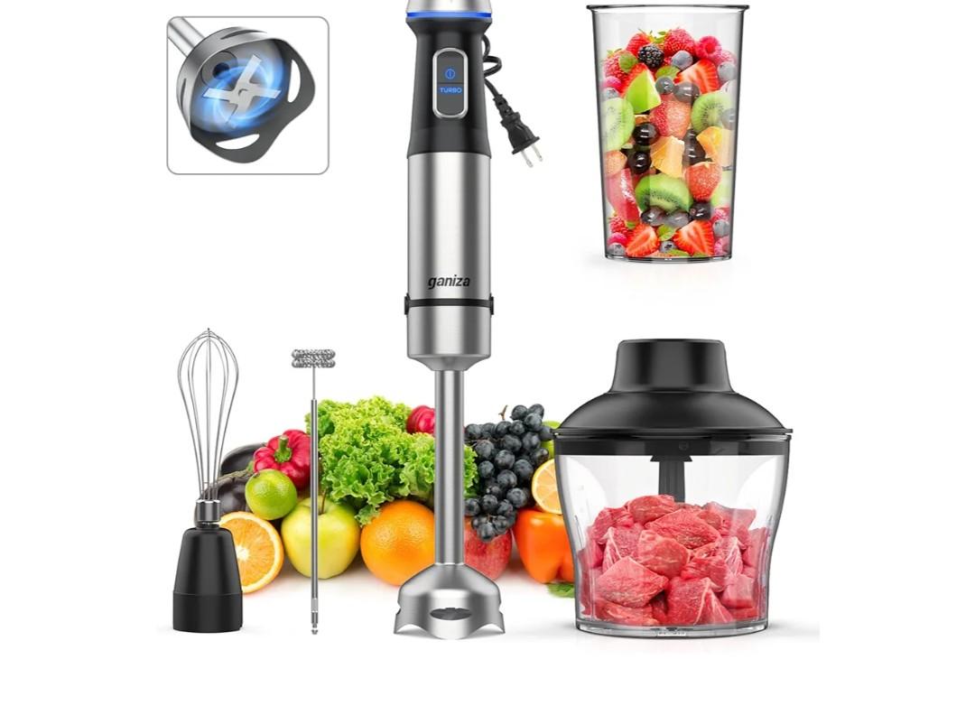 Ganiza Immersion Blender 5 in 1 Hand Blender Max 1000W Heavy Duty Motor, 16 Speed Mode Handheld Blender Stainless Steel Blade With 800ml Mixing Beaker, 600ml Chopper, Whisk and Milk Frother